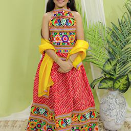 BownBee Girls Embroidered Mirror Work Ready to Wear Cotton Lehenga Choli-33