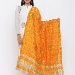 SOUNDARYA Orange & Gold-Toned Dyed Art Silk Bandhani Dupatta with Gotta Patti-37
