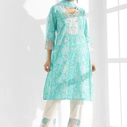 Anouk Turquoise Blue Floral Embroidered Pure Cotton Kurta With Trousers & Dupatta-picture-37