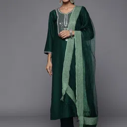 Varanga Ethnic Motifs Yoke Design Thread Work Straight Kurta with Trousers & With Dupatta-6