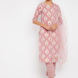 PANIT Women Pink Floral Printed Kurta with Trousers & With Dupatta-16