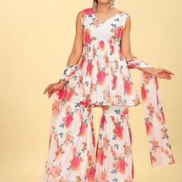 CHANSI Floral Printed A-Line Kurta with Sharara & With Dupatta-image-90