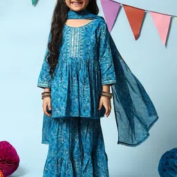 Biba Girls Ethnic Motifs Printed Pure Cotton Kurta With Sharara & Dupatta-image-29