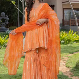 HOUSE OF JAMOTI Striped A-Line Kurti With Sharara & Dupatta-14