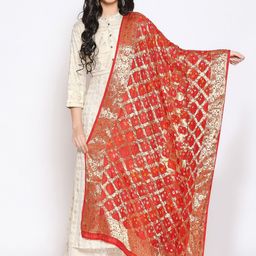 Dupatta Bazaar Red & Gold-Toned Woven Design Silk Banarasi Dupatta-picture-56
