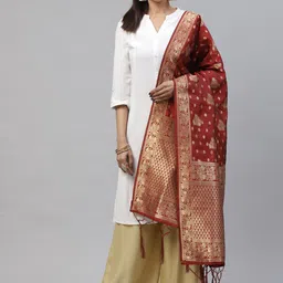 flaher Maroon & Golden Woven Design Banarasi Dupatta-43