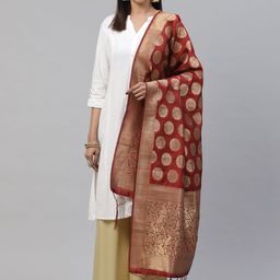flaher Maroon & Golden Woven Design Banarasi Dupatta-38