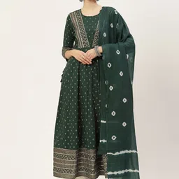 KBZ Green Ethnic Motifs Printed Cotton Ethnic Maxi Dress With Dupatta-picture-5