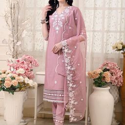 KALINI Floral Embroidered Thread Work Chanderi Cotton Kurta with Trousers & With Dupatta-57