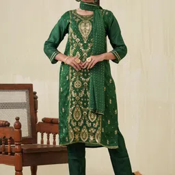House of Pataudi Ethnic Motifs Woven Design Straight Kurta With Trouser & Dupatta-57