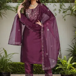 AHIKA Ethnic Motifs Yoke Design Straight Kurta & Trousers With Dupatta-32