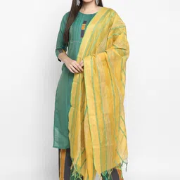 VAABA Women Teal Green & Yellow Solid Kurta with Striped Palazzos & Dupatta-38