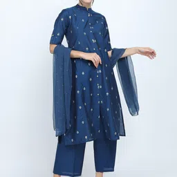 Vishudh Women Teal Blue & Golden Ethnic Motifs Printed Kurta with Palazzos & Dupatta-18