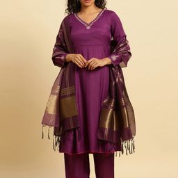 W Women V-Neck Thread Work Kurta & Trousers With Dupatta-image-87