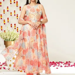 Varanga Floral Printed Halter Neck Anarkali Kurta & Trousers With Dupatta-picture-12