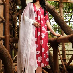 QISSA Floral Printed V-Neck Empire Anarkali Kurta With Trousers & Dupatta-picture-20