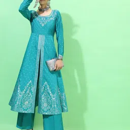 Vishudh Women Teal High Slit Kurti with Trousers-image-93
