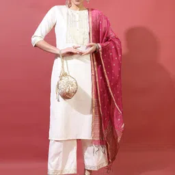 Vishudh Women Cream Printed Straight Kurta with Trousers & Dupatta-image-37
