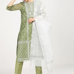Vishudh Women Green & White Floral Printed Regular Kurta With Trousers & Dupatta-picture-46