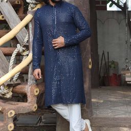 amzira Men Navy Blue Ethnic Motifs Embroidered Sequinned Kurta With Trousers-picture-28