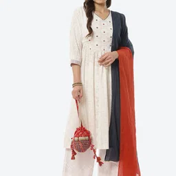 Biba Women White Ethnic Motifs Printed Pure Cotton Kurta with Trousers & With Dupatta-picture-6