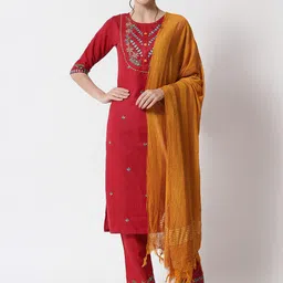 VredeVogel Women Maroon Embroidered Kurta with Trousers & With Dupatta-picture-31