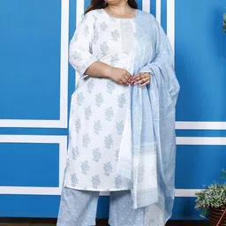 KALINI Plus Size Floral Printed Sequin Pure Cotton Straight Kurta With Trousers & Dupatta-33