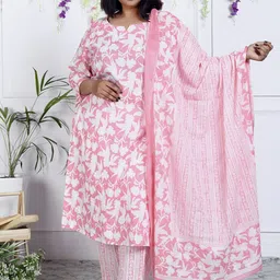 KALINI Women Floral Printed Regular Sequinned Pure Cotton Kurta with Trousers & With Dupatta-picture-2