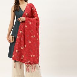 VAABA Red Floral Embroidered Cotton Silk Dupatta-19