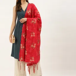 VAABA Red Floral Embroidered Cotton Silk Dupatta-37