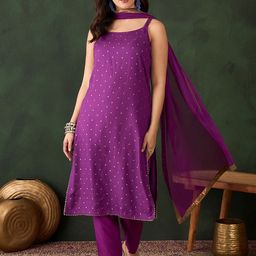 Sangria Floral Printed Gotta Patti Shoulder Straps Straight Kurta & Trouser With Dupatta-0