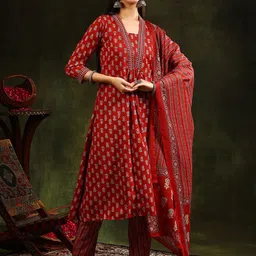 KALINI Floral Printed V-Neck Pleated A-Line Kurta With Trouser And Dupatta-19