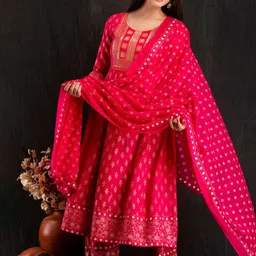 D K W Ethnic Motifs Printed Sequinned Detailed Anarkali Kurta & Trouser With Dupatta-picture-0