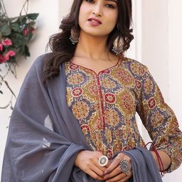 Rajnandini Ethnic Motifs Printed Regular Pure Cotton Kurta with Trousers & With image 2