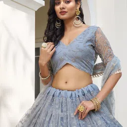 FABPIXEL Embroidered Sequinned Semi-Stitched Lehenga & Unstitched Blouse With Dupatta image 2