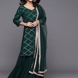 Libas Women Green Regular Mirror Work Kurta with Sharara & With Dupatta image 5