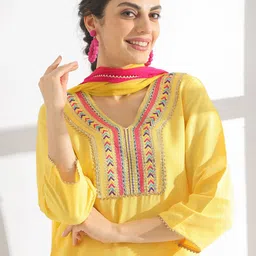 Anouk Yellow Ethnic Motifs Yoke Design Thread Work Straight Kurta With Trouser & Dupatta-28
