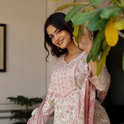 Anouk White Floral Printed Straight Pure Cotton Kurta With Palazzos & Dupatta-33