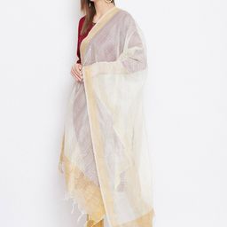 Clora Creation Cream-Coloured & Gold-Toned Striped Dupatta image 4