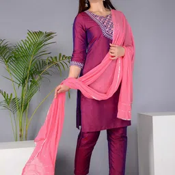 Subh LAXMI Yoke Design Regular Mirror Work Straight Kurta with Trousers & Dupatta image 3