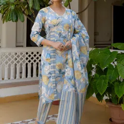 Anouk Floral Printed Angrakha Mirror Work Pure Cotton Kurta With Pyjamas & Dupatta image 4