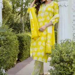 Anouk Floral Printed Regular Aari Work Pure Cotton Kurta With Trousers & Dupatta image 4