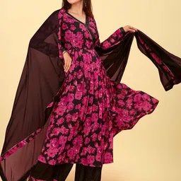 CHANSI Floral Printed Angrakha Kurta With Palazzos & With Dupatta image 2
