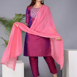 Subh LAXMI Yoke Design Regular Mirror Work Straight Kurta with Trousers & Dupatta image 4