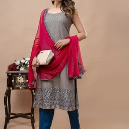 Shedika Floral Printed Sleeveless Straight Kurta with Palazzos & With Dupatta-3