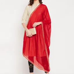 Clora Creation Red Checked Dupatta with Gotta Patti image 3