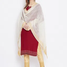 Clora Creation Cream-Coloured & Gold-Toned Striped Dupatta image 5