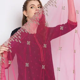 Dupatta Bazaar Fuchsia Pink & Gold-Toned Embroidered Zardosi Dupatta image 5