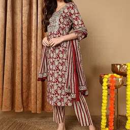 KALINI Floral Printed Regular Thread Work Kurta With Trousers & Dupatta-1
