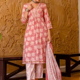 Anouk Floral Embroidered Aari Work Pure Cotton A-Line Kurta With Trousers & Dupatta-image-51
